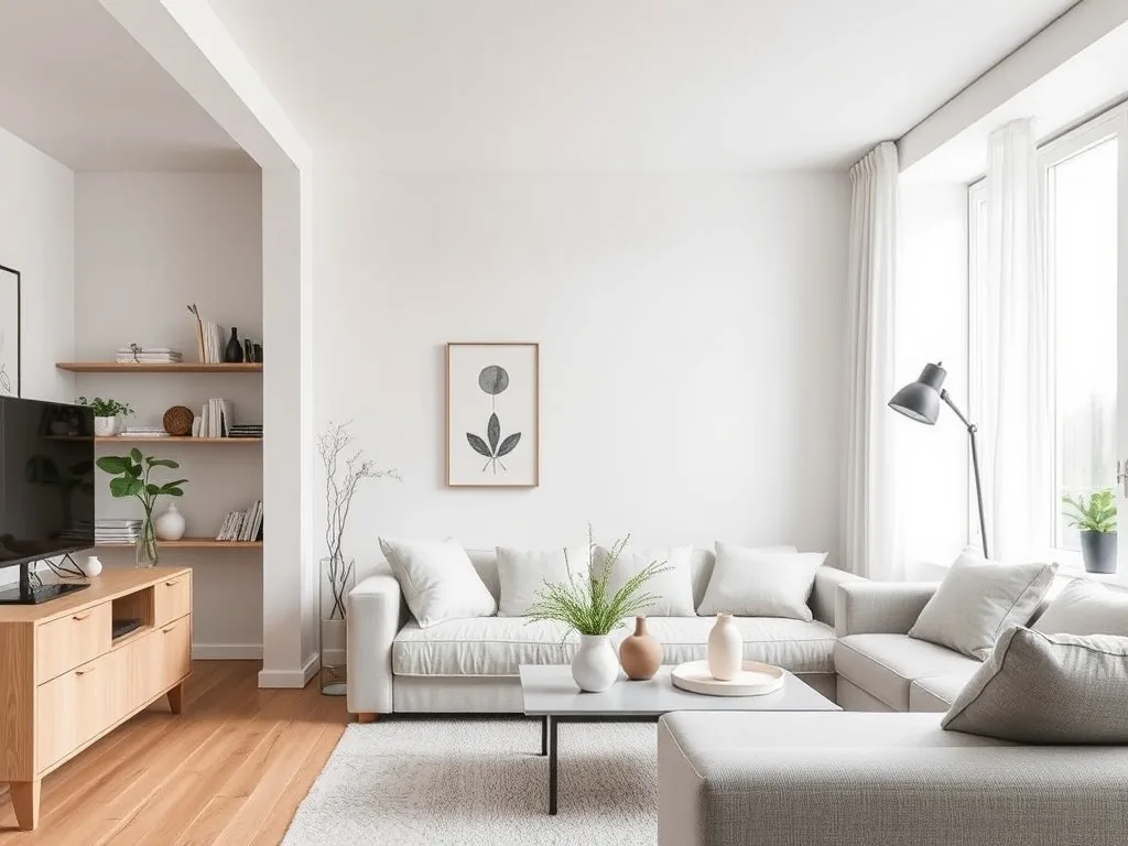 Salon lumineux avec canapé modulable, verrière atelier, meubles en bois clair et plantes vertes, aménagement optimisé