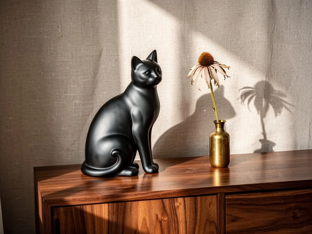 A matte black ceramic cat figurine perched on a polished walnut console, soft window light casting a long shadow, beside