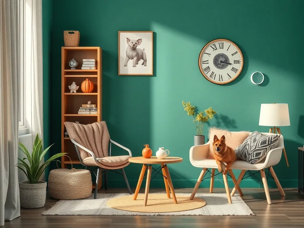 Étagère minimaliste avec une statuette d'oiseau en bois clair, un petit éléphant en résine blanche et un vase en forme de chat en porcelaine, sur fond de mur beige.