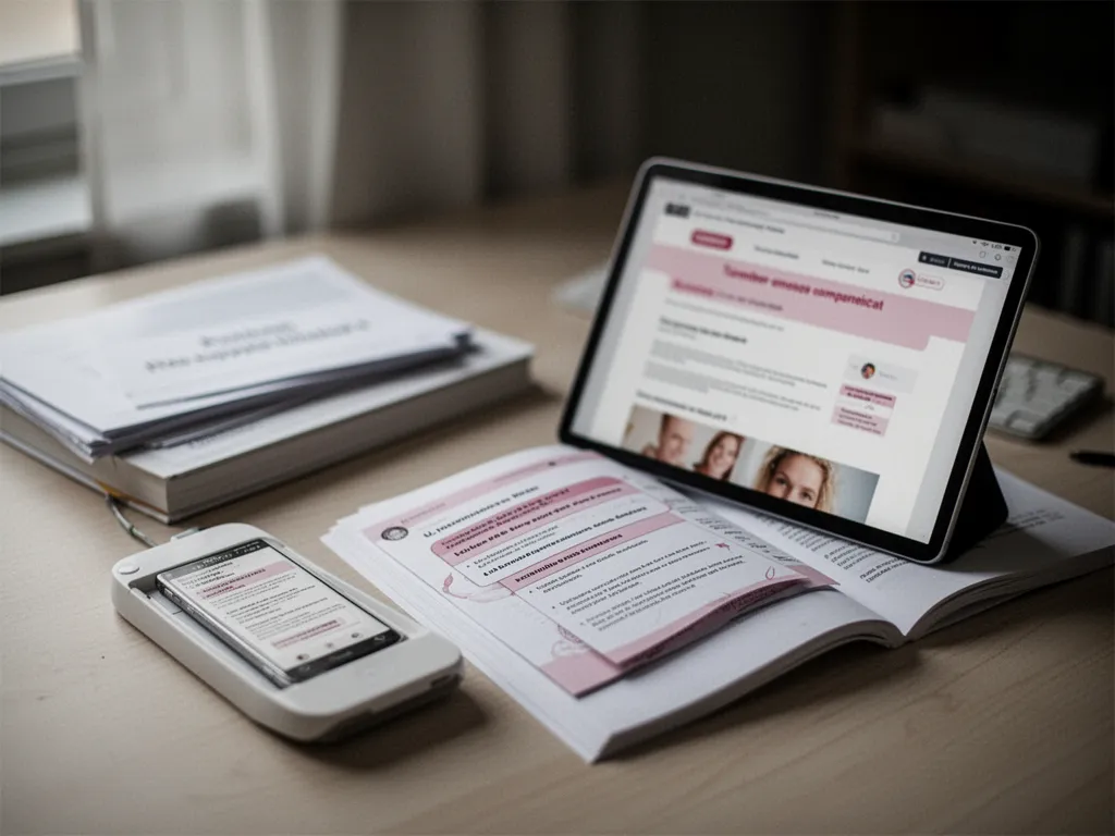 Femme consultant une application de suivi de cycle sur son téléphone, avec un thermomètre basal et un carnet de notes à côté d'une tasse de thé