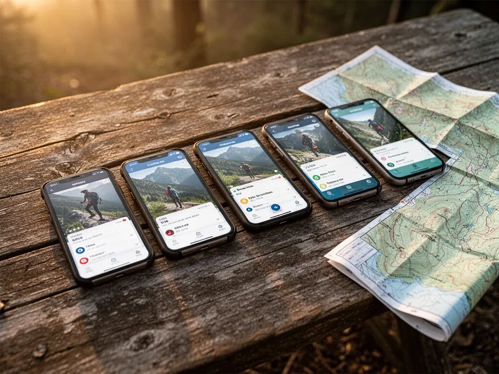 Five smartphones arranged in a row on a weathered wooden table, each showing different hiking app screens, a folded topo