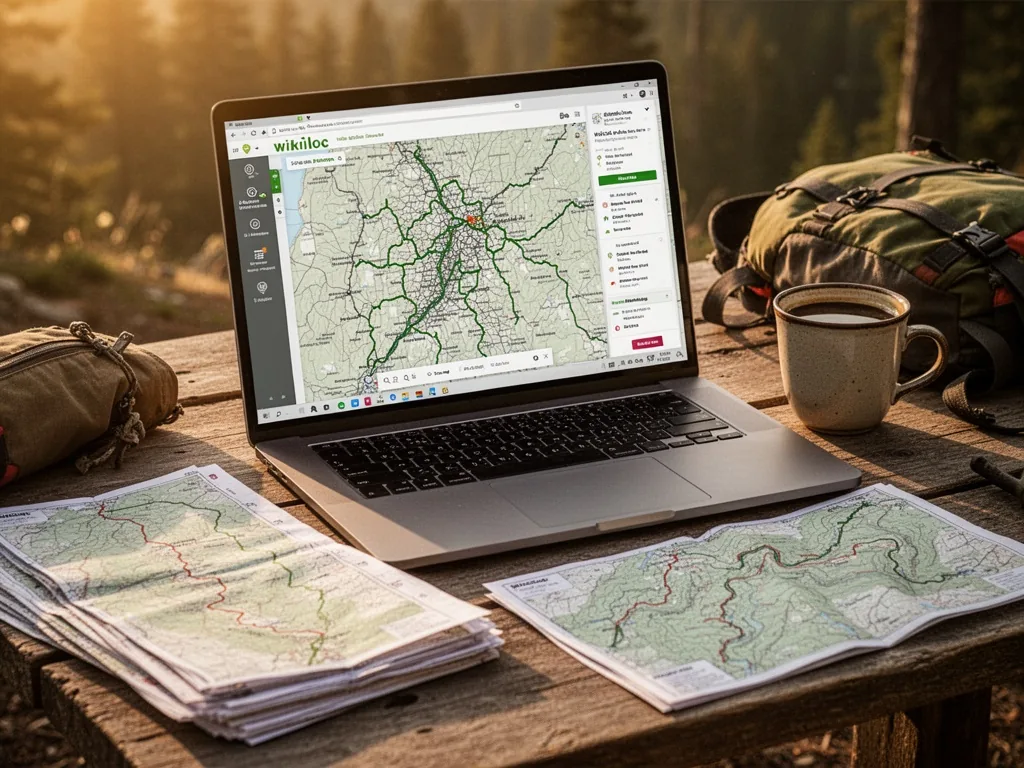 An open laptop screen showing Wikiloc's dense trail network map, a stack of printed trail maps on the desk, a cup of cof