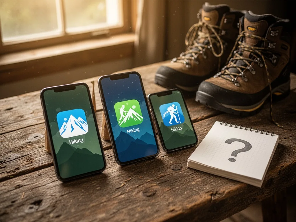 Three smartphones with distinct hiking app icons on a rustic table, a pair of hiking boots and a notepad with a question
