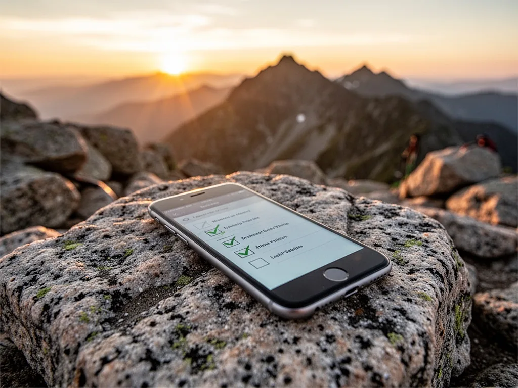 A single smartphone lying on a granite mountain summit, screen displaying a checklist with checkmarks, blurred distant p