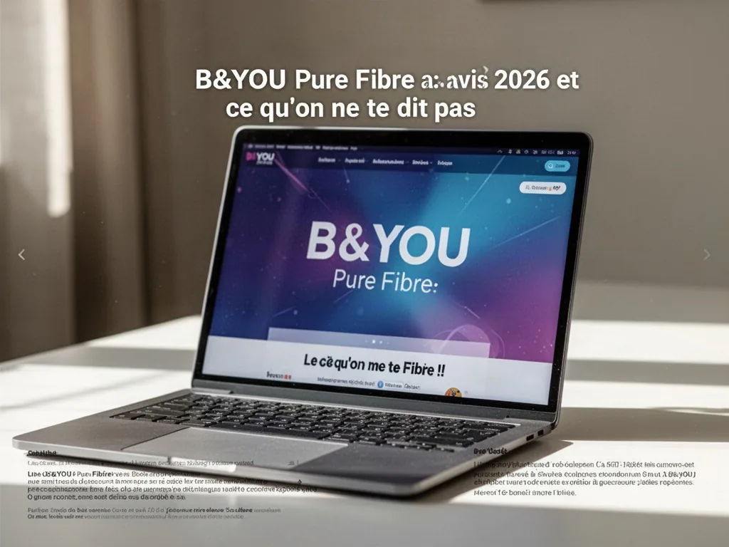 Box internet blanche B&YOU Pure Fibre posée sur un meuble en bois près d’un router WiFi, avec câbles réseau et lumière