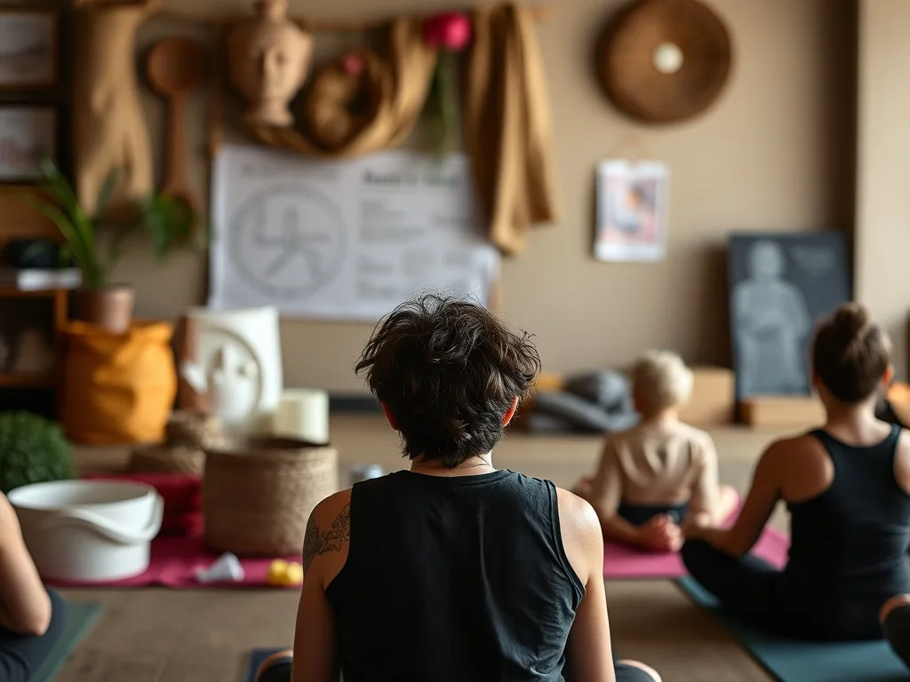 Femme en posture de yoga assise, mains en prière, dans une pièce lumineuse avec plantes vertes