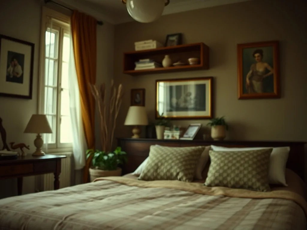 Chambre bohème lumineuse avec lit en rotin, coussins en lin beige, tapis berbère, plante suspendue et mur blanc cassé