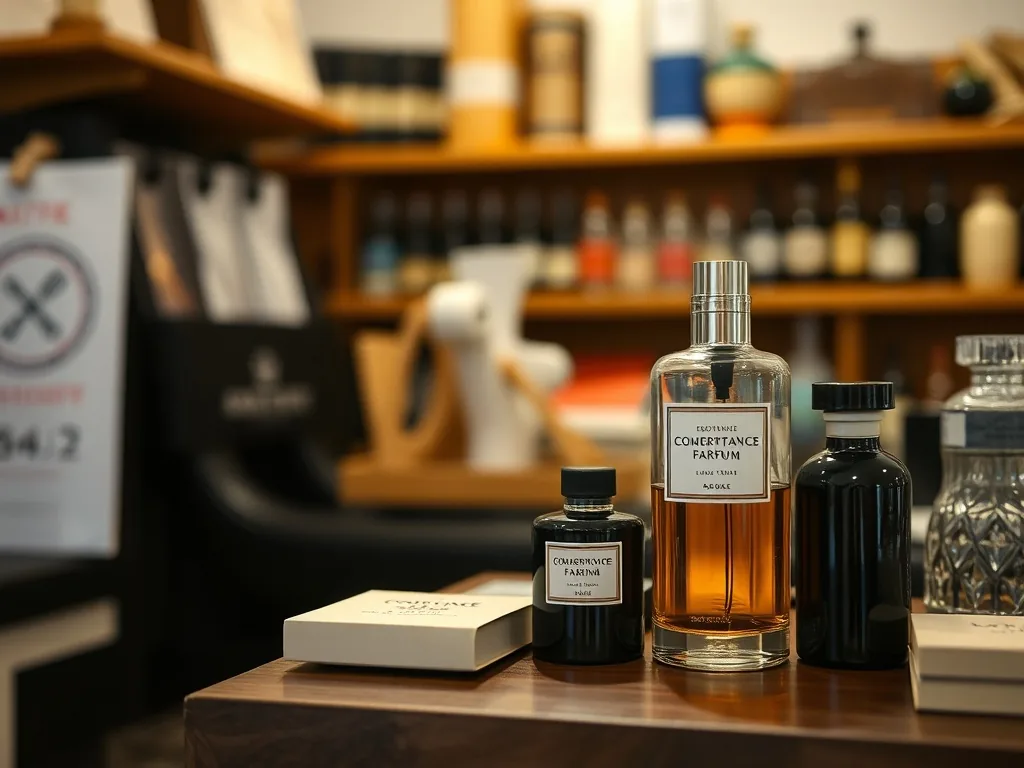 Flacons de parfums Adopt alignés sur une coiffeuse, lumière douce, notes florales