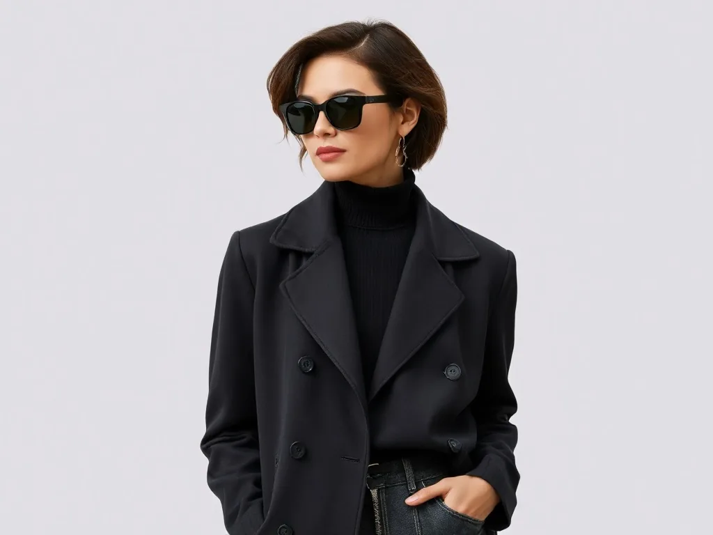 Femme avec carré plongeant dégradé, cheveux châtains et balayage, sourire discret, intérieur clair
