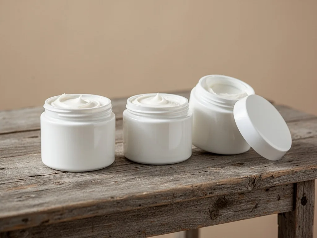 Three white ceramic pots of scented body cream lined on a weathered wooden table, one lid slightly ajar, soft morning li