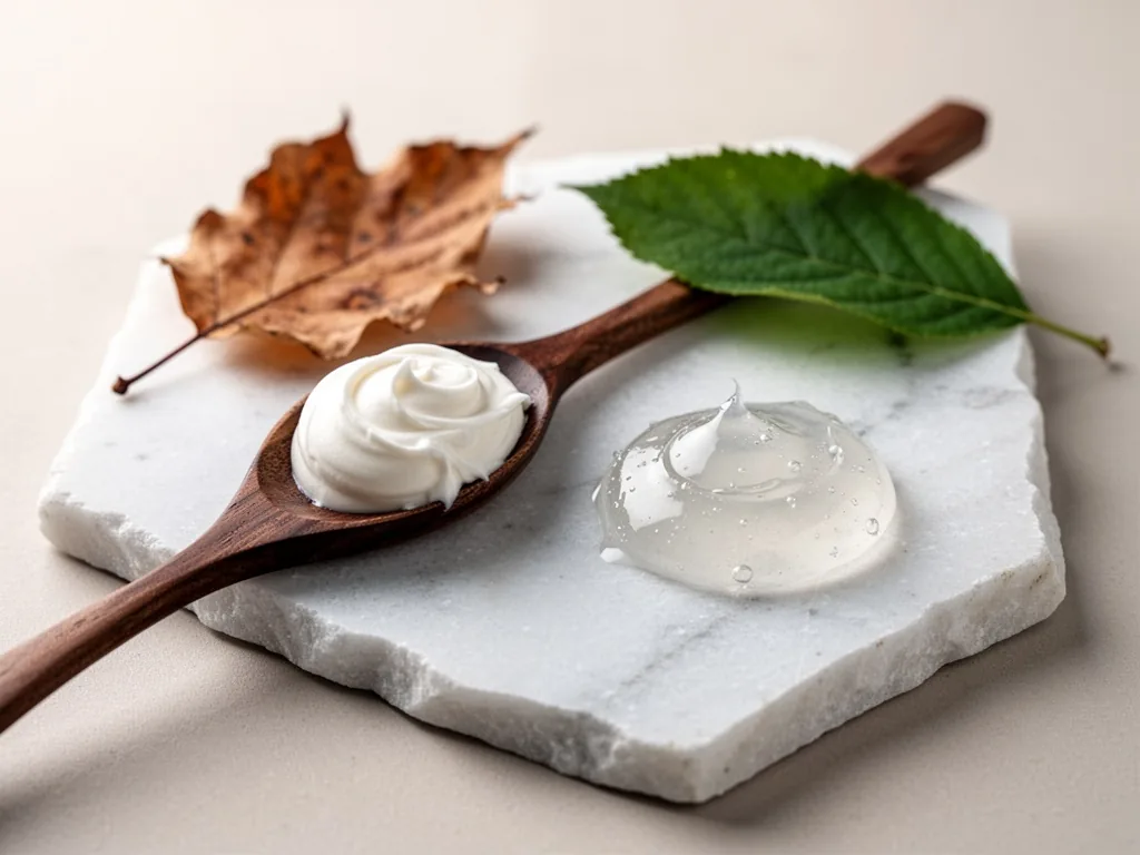 A dollop of thick cream on a dark wooden spoon beside a translucent gel cream on a white slate, with a dried autumn leaf