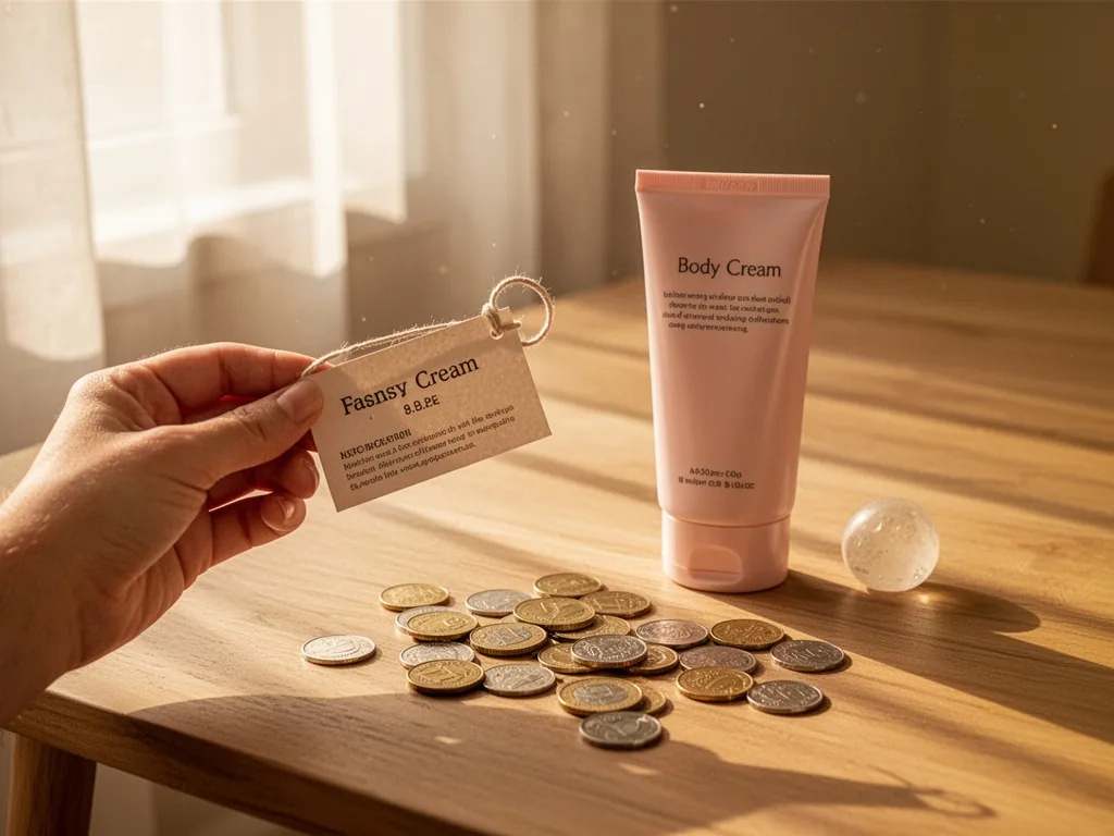 A hand holding a small price tag attached to a tube of body cream, scattered coins on a wooden table, warm sunlight filt