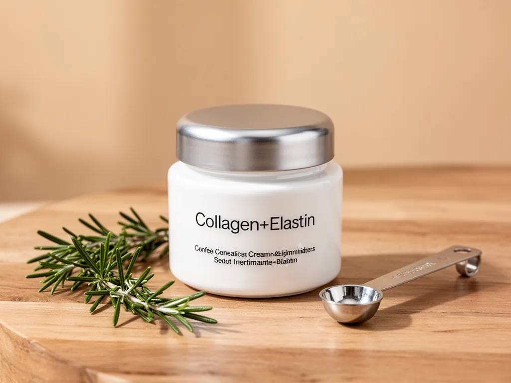 A white ceramic cream jar with a silver lid, labeled 'Collagen+Elastin', sitting on a wooden table beside a sprig of ros