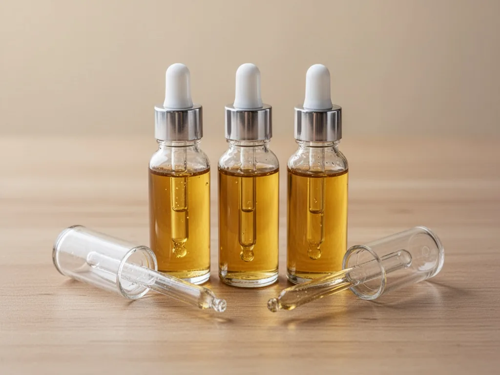 Three clear glass dropper bottles with golden oils standing upright, two empty dropper bottles lying on their sides on a