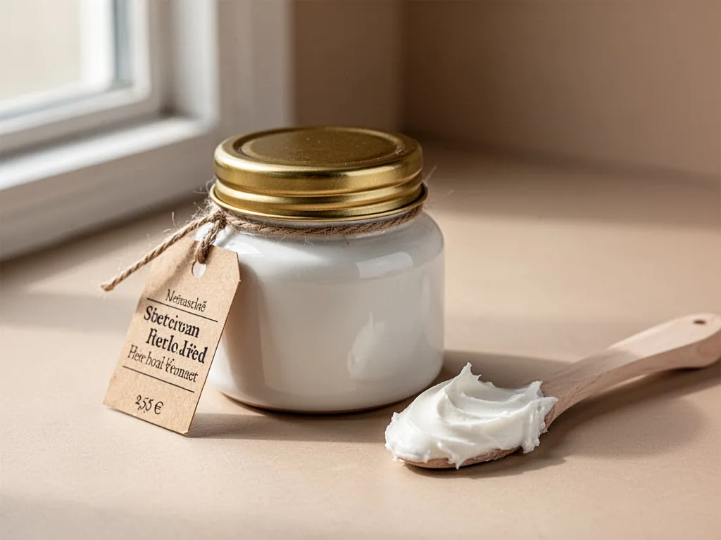 A ceramic jar of white cream with a golden lid, a small price tag attached with string, next to a spatula dollop of crea