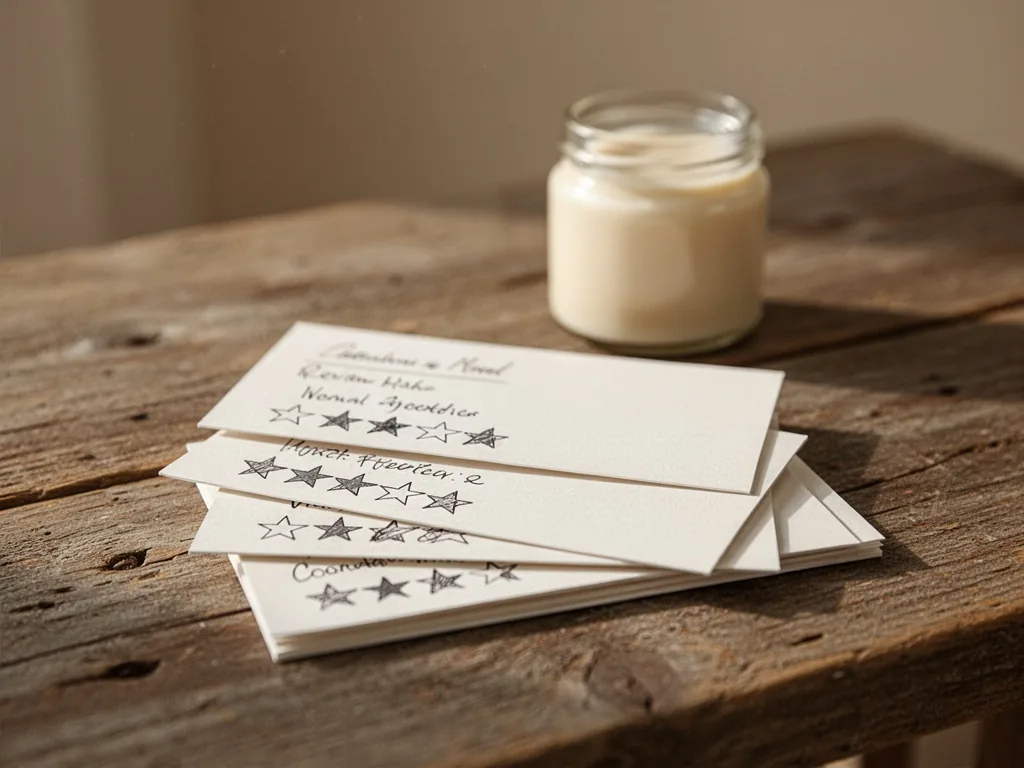 Three handwritten review cards with star ratings stacked on a rustic wooden table, a single cream jar blurred in the bac