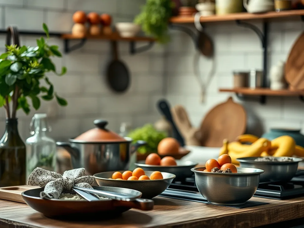 Cuisine lumineuse aux meubles en bois clair, crédence en zellige beige, suspensions en rotin et plan de travail en terrazzo, plantes vertes sur les étagères ouvertes