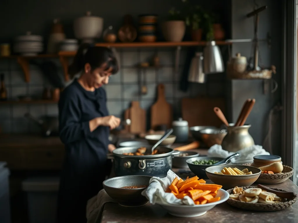 Cuisine style bohème avec plan de travail en bois brut, suspensions en rotin, plantes vertes et vaisselle en céramique