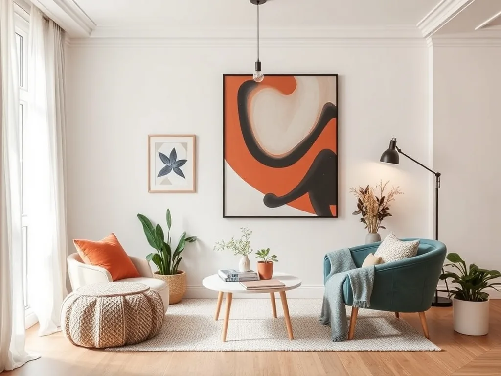 Chambre d'adulte moderne, murs en ton sable, tête de lit en cannage, linge de lit en lin lavé, suspension en rotin, lumière