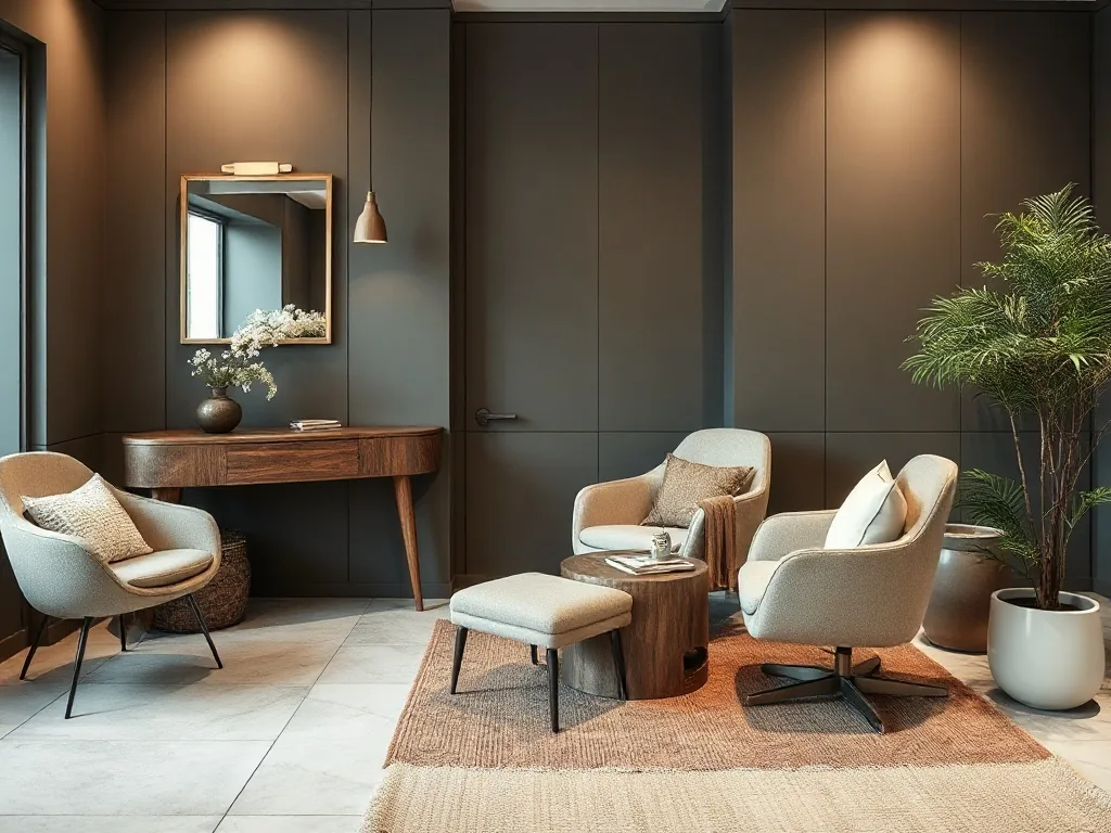 Salon cocooning avec grand canapé en velours côtelé sable, multiples coussins en lin texturé, plaid en maille épaisse, table