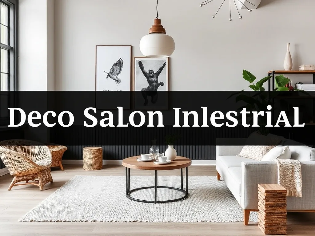 Salon industriel cocooning avec canapé en cuir marron, table basse en bois brut, tapis berbère et suspensions métalliques