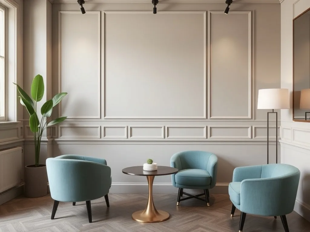 Salon moderne chic avec canapé beige, table basse en bois massif, grand miroir mural et plantes vertes