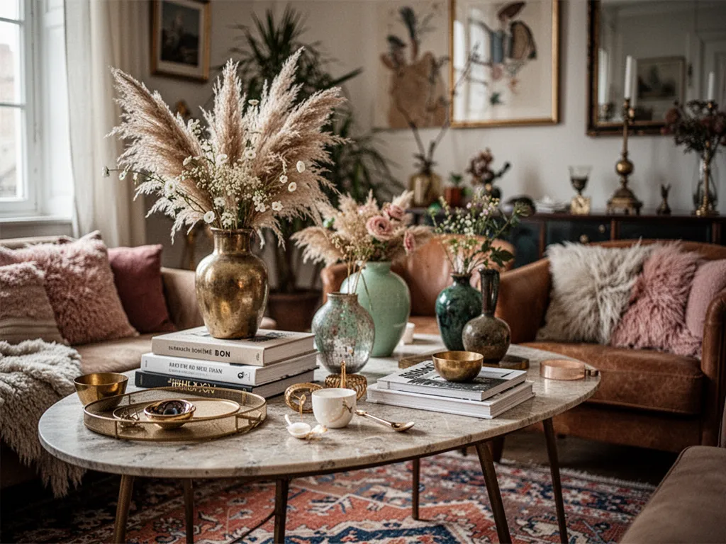 Salon lumineux avec tapis texturé, fauteuil en rotin, coussins écrus, suspension en fibres naturelles et plantes vertes