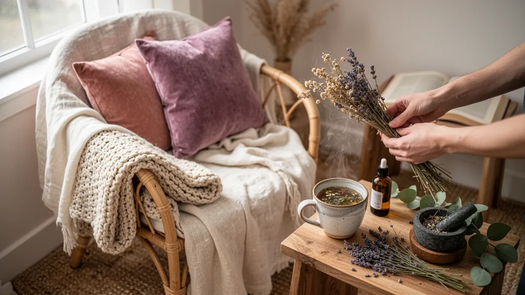 Coin salon lumineux avec tapis kilim, coussins variés, plantes suspendues et lampes en rotin