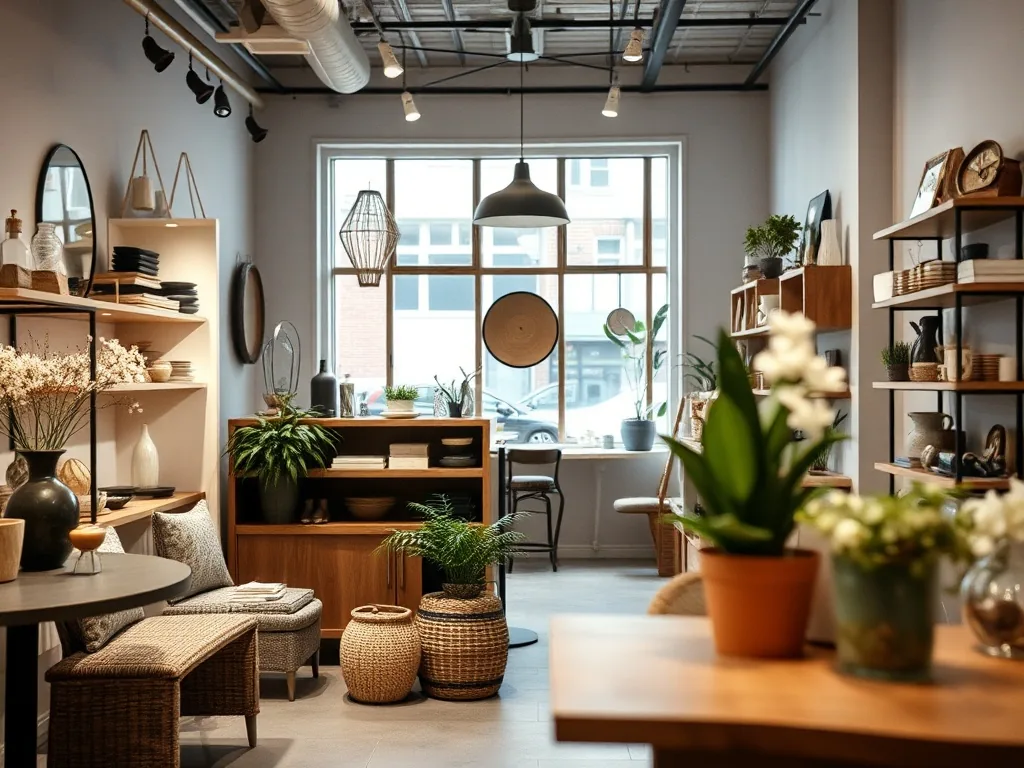 Boutique de décoration intérieure avec étagères en bois clair, vases en céramique mate, lampes en lin écru et plantes vertes en pots terre cuite