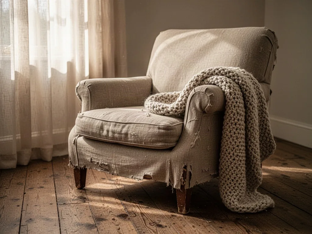 A worn linen armchair with a chunky knit blanket draped over one arm, standing on aged oak floorboards, gentle morning s