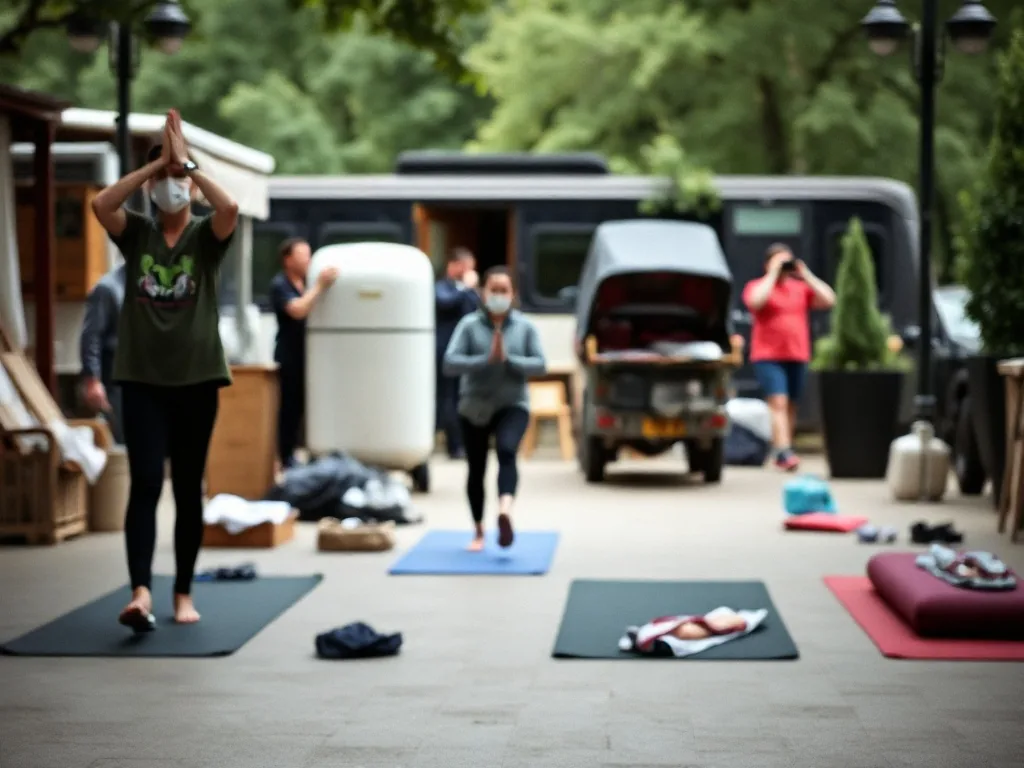 Femme en tenue de yoga assise en tailleur devant un ordinateur portable, tapis violet, salon lumineux avec plantes vertes