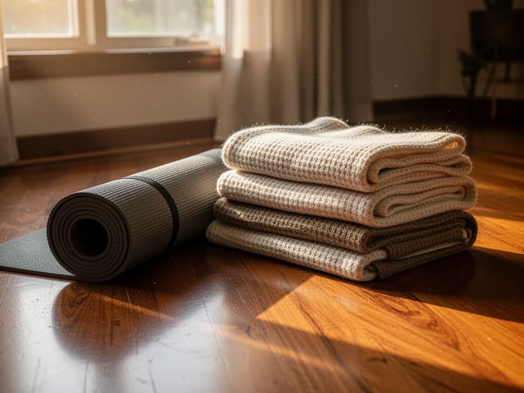 A rolled yoga mat beside a stack of cotton yoga blankets on a polished wooden floor, early morning sunlight streaming th