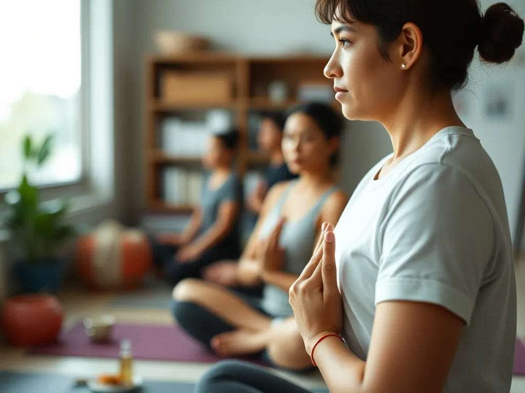 Femme en train de pratiquer le yoga dans un studio lumineux, entourée d'autres élèves, concentrée sur sa posture.