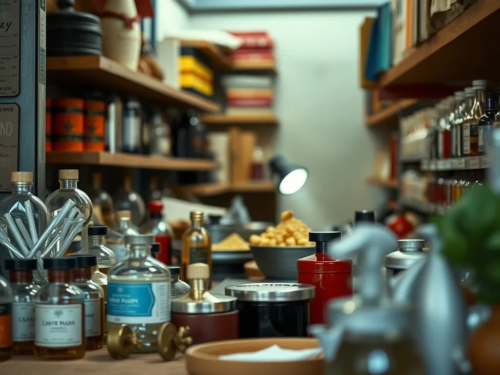 Flacon de parfum artisanal posé sur un établi de parfumeur, entouré de matières premières et d'éprouvettes
