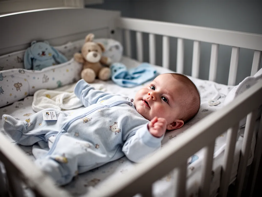Un bébé endormi sur le dos dans une gigoteuse claire, dans une chambre sobre avec une lumière douce