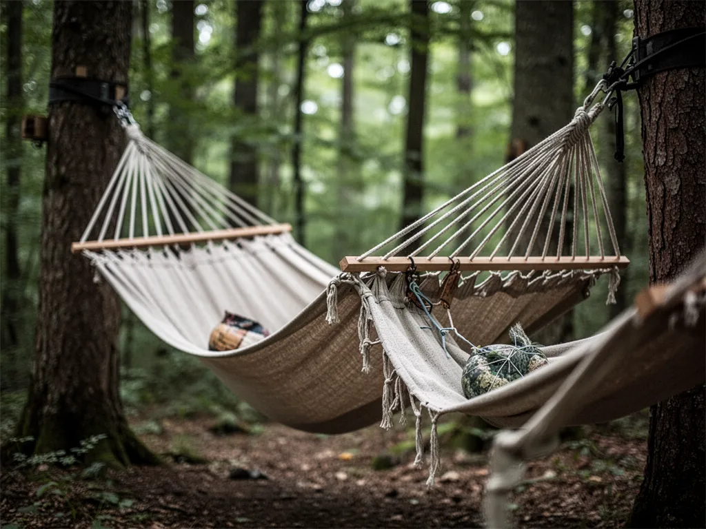 Hamac avec support en bois Nature et Découvertes dans un jardin, toile couleur sable, coussin rayé, entouré de verdure