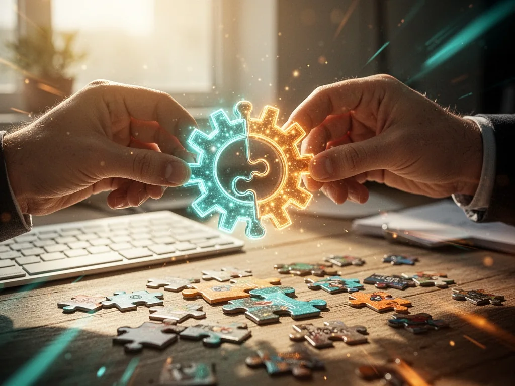 Two hands assembling a glowing jigsaw puzzle piece shaped like a gear, scattered keyboard keys on a wooden desk, soft go