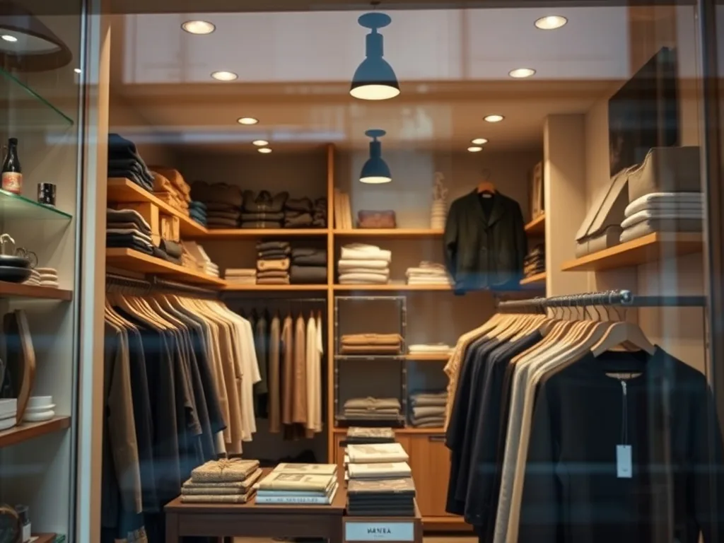 Vue intérieure d'une boutique de vêtements lumineuse avec portants en bois clair, miroir sur pied et plantes vertes