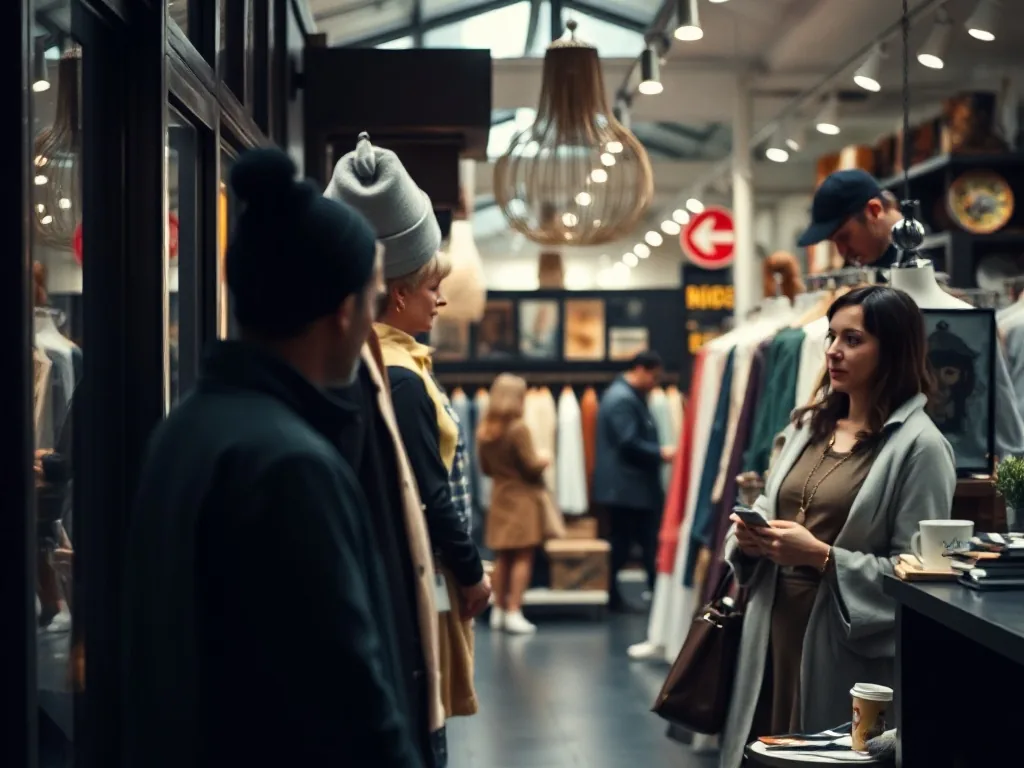 Intérieur lumineux d’un magasin de décoration avec des meubles en bois clair, un grand tapis berbère et des luminaires suspendus