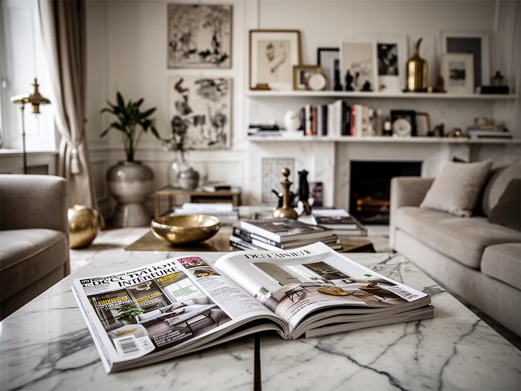 Pile de magazines de décoration sur une table basse en bois, canapé clair en arrière-plan et lumière naturelle dans un salon