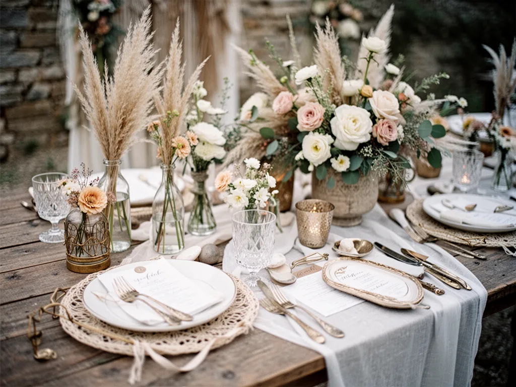 Table de mariage en bois clair avec fleurs séchées, vaisselle sobre, bougies et mariés en tenue bohème chic dans un jardin