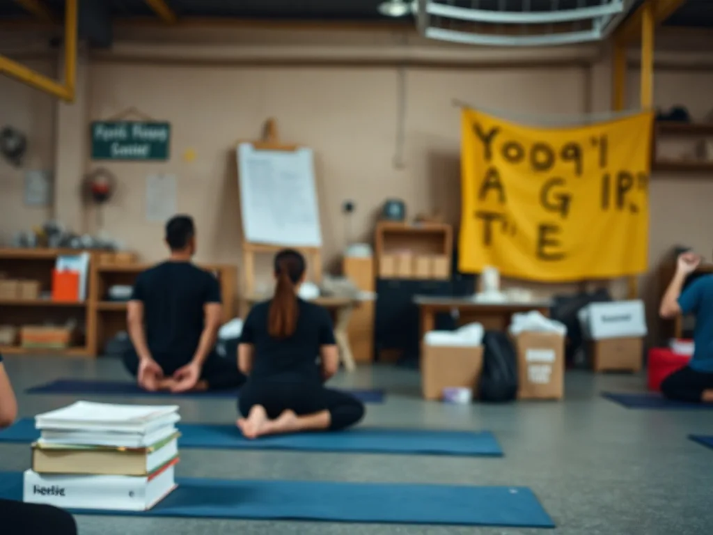 Mathieu Boldron enseigne le yoga, bras ouverts dans une salle lumineuse, avec un sourire apaisé