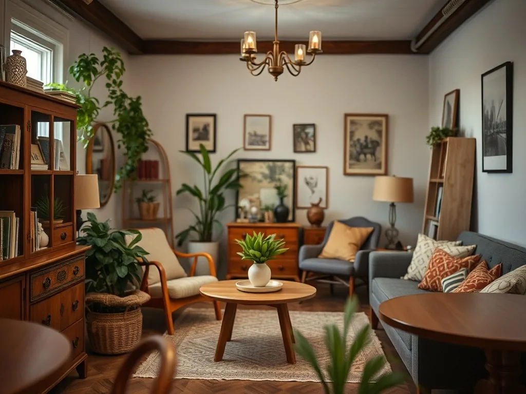 Salon bohème avec canapé en lin écru, table basse en bois brut, fauteuil en rotin, tapis berbère et grande plante verte dans un intérieur lumineux