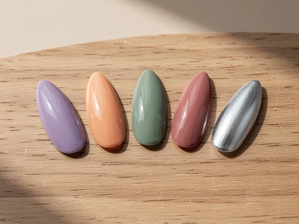 Five almond-shaped nails painted in 2026 trend colors, muted lavender, warm peach, sage green, dusty rose, metallic silv
