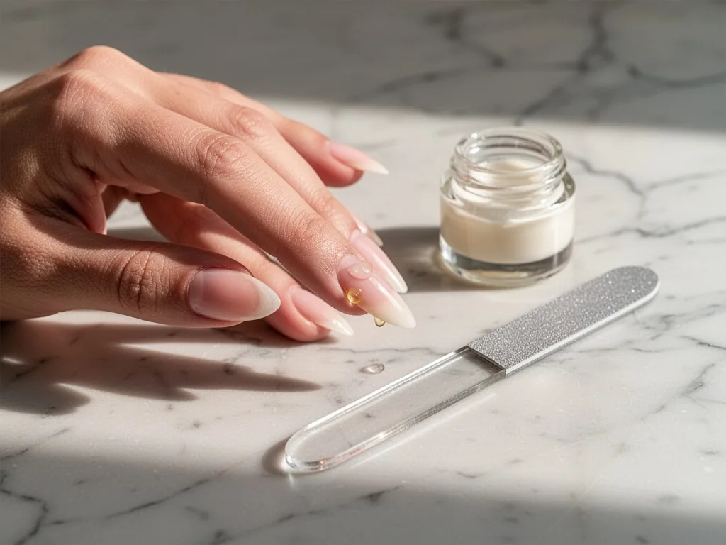 A hand gently applying a drop of cuticle oil to an almond-shaped nail, glass nail file beside a small jar, soft morning