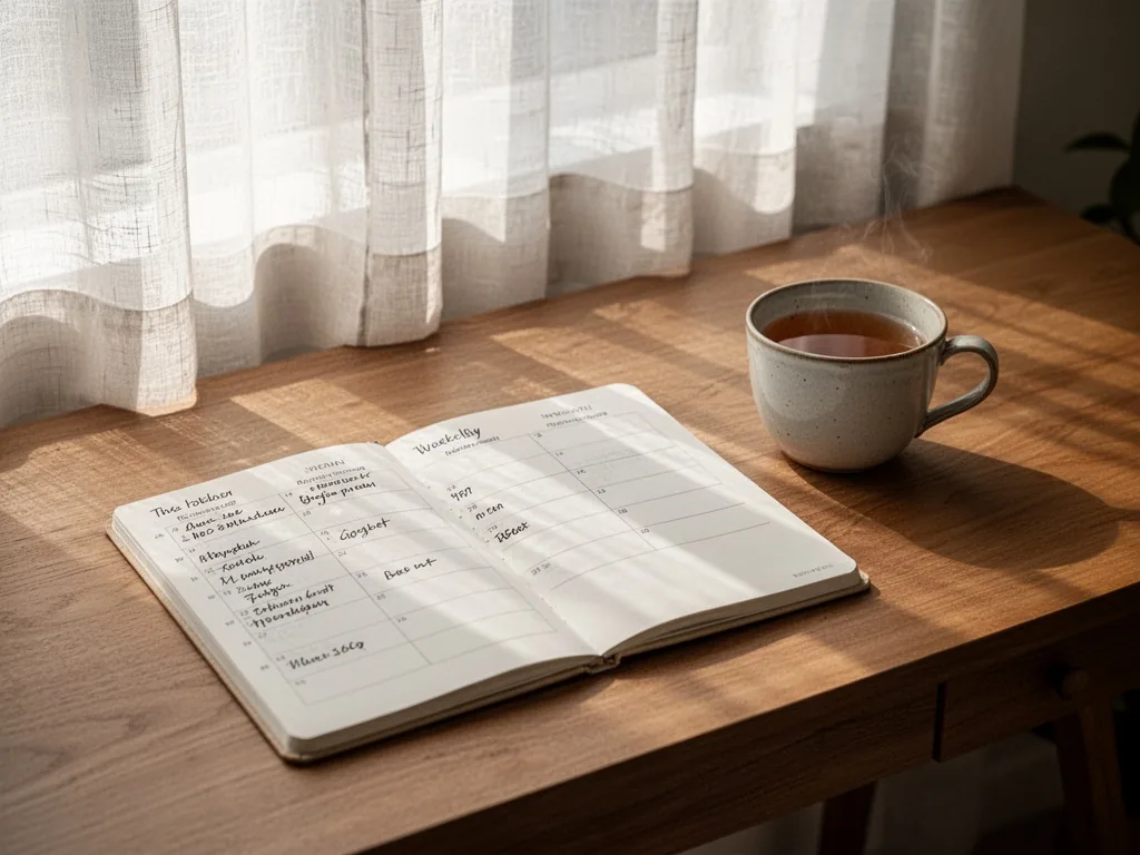 A wooden desk with a minimalist weekly planner open to a clean handwritten schedule, a simple ceramic cup of tea beside