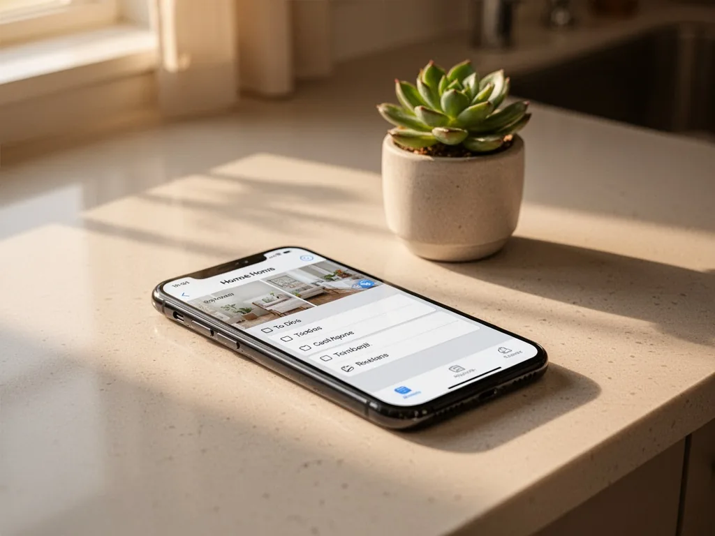 A smartphone lying on a kitchen counter displaying a home organization app with a to-do list, a small succulent plant in