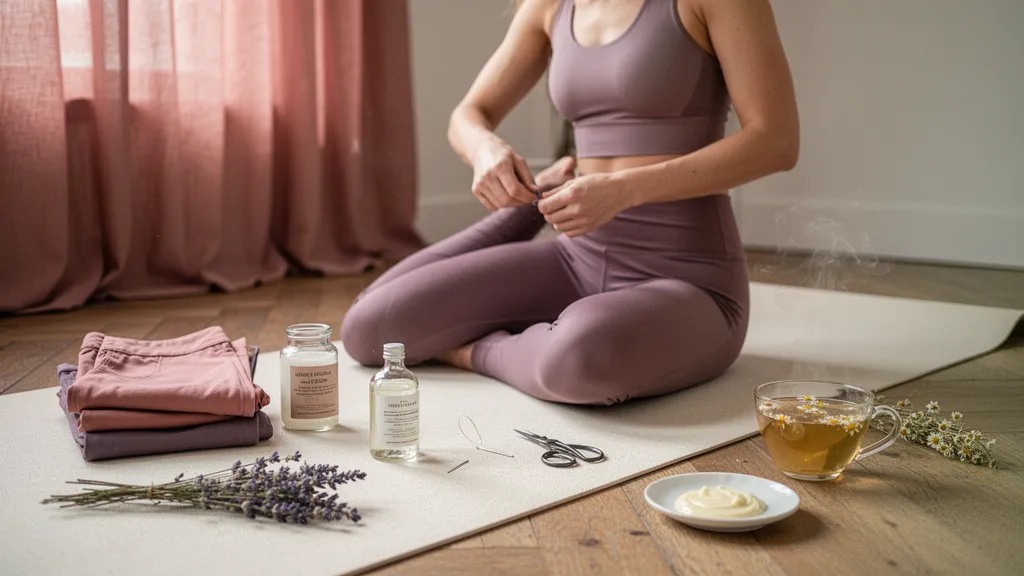 Femme en pantalon de yoga taille haute, posture de guerrier sur un tapis, lumière douce