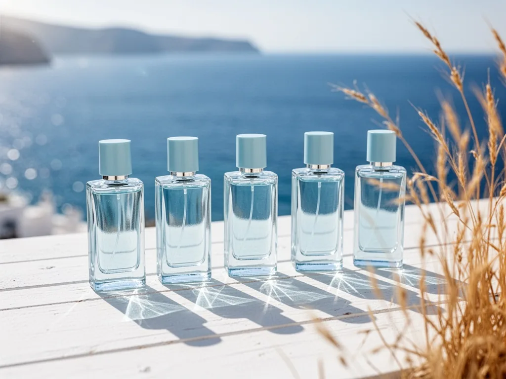 Four Light Blue perfume bottles in a row on a white wooden surface, blue sea blurred behind, sunlight creating soft shad