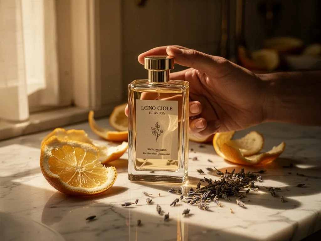 A glass perfume bottle with a minimalist Italian label, held by a hand in soft shadow, citrus peel and dried lavender sc